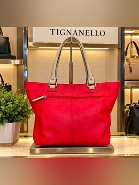 Tignanello Red Leather Tote with Cream Handles
